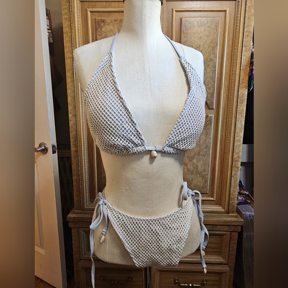Zaful Brand New Size 4 Blue And White Fishnet Mesh Bikini With Scarf Included